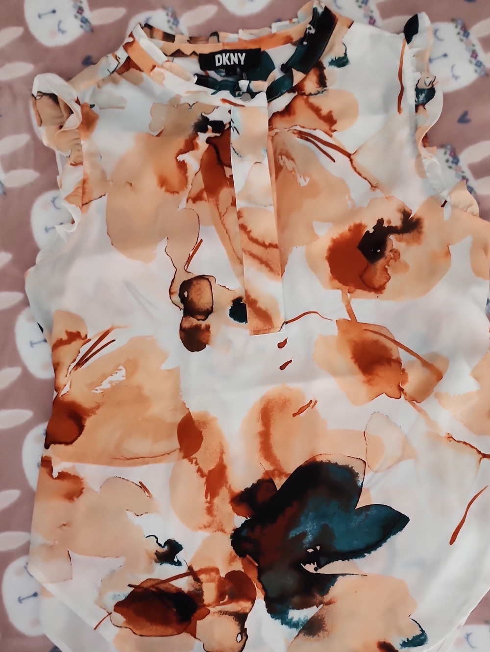 DKNY White Sleeveless Blouse with Peach & Teal Watercolor Florals